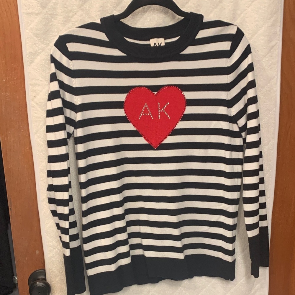 New Anne Klein Black and White Striped Sweater with Red Heart